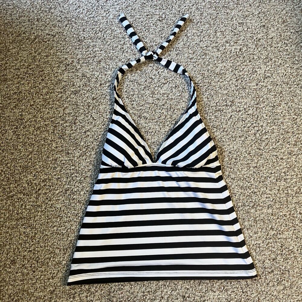 Mossimo Womens Striped Tankini Swim Suit Top Size S Black White Halter Modest